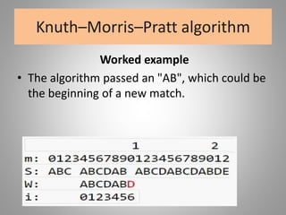 Knuth–Morris–Pratt algorithm
Worked example
• The algorithm passed an "AB", which could be
the beginning of a new match.
 