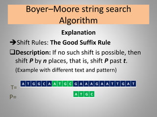 Boyer–Moore string search
Algorithm
Explanation
Shift Rules: The Good Suffix Rule
Description: If no such shift is possible, then
shift P by n places, that is, shift P past t.
(Example with different text and pattern)
T=
P=
A T G G C A A T G C G A A A G A A T T G A T
A T G C
 