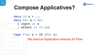 74
Compose Applicatives?
data IO a = ...
data Ret a = Ret
{ input :: a
, effect :: IO ()}
type Flow a = IO (Ret a)
We need an Applicative instance for Flow
 