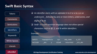 iOS App Development Certification Training www.edureka.co/ios-development
Swift Basic Syntax
White Spaces
Semicolons
Literals
Identifiers
Tokens
Keywords
Comments
❑ An identifier starts with an alphabet A to Z or a to z or an
underscore _ followed by zero or more letters, underscores, and
digits (0 to 9).
❑ Swift is a case-sensitive language does not allow special
characters such as @, $, and % within identifiers.
Example:
Sahiti kappagantula xyz emp_name a_123
hello10 _abc y d12e8 returnVal _123_abc
 