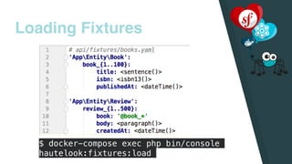 Loading Fixtures
$ docker-compose exec php bin/console
hautelook:fixtures:load
 
