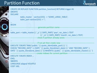 CREATE OR REPLACE FUNCTION partition_function() RETURNS trigger AS
$BODY$
DECLARE
table_master varchar(255) := ‘SOME_LARGE_TABLE';
table_part varchar(255) := ‘';
…
BEGIN
------------------------------------------generate partition name----------------------------------------------------…
table_part := table_master|| '_y' || DATE_PART( 'year', rec_date )::TEXT
|| '_m' || DATE_PART( 'month', rec_date )::TEXT;
-----------------------------------------check if partition already exists--------------------------------------------…
-----------------------------------------if not yet then create new---------------------------------------------------EXECUTE 'CREATE TABLE public.' || quote_ident(table_part) || ' (
CHECK( “RECORD_DATE" >= DATE ' || quote_literal(start_date) || ' AND “RECORD_DATE" <
DATE ' || quote_literal(end_date) || ')) INHERITS ( public.' || quote_ident(table_master) || ')
----------------------------------------create indexes for current partition----------------------------------------EXECUTE 'CREATE INDEX …
END;
$BODY$
LANGUAGE plpgsql VOLATILE
COST 100;

 