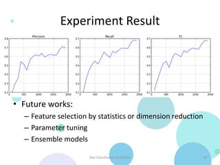 Experiment Result




• Future works:
  – Feature selection by statistics or dimension reduction
  – Parameter tuning
  – Ensemble models

                      Text Classification in Python      19
 