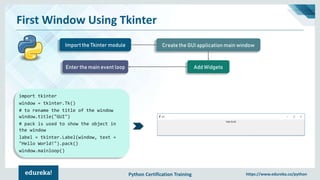 Python Certification Training https://www.edureka.co/python
First Window Using Tkinter
Import the Tkinter module Create the GUI application main window
Add WidgetsEnter the main event loop
import tkinter
window = tkinter.Tk()
# to rename the title of the window
window.title("GUI")
# pack is used to show the object in
the window
label = tkinter.Label(window, text =
"Hello World!").pack()
window.mainloop()
 