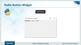 Python Certification Training https://www.edureka.co/python
Radio Button Widget
Radio Button
 