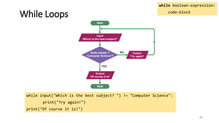 47
While Loops
while boolean-expression:
code-block
while input("Which is the best subject? ") != "Computer Science":
print("Try again!")
print("Of course it is!")
 