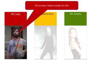 This is easy. I have a script for this.

Mr. Lazy

Mr. Search Guru

Ms. Smarty

© 2012 Microsoft Corporation. All rights reserved. Microsoft, Windows, Windows Vista and other product names are or may be registered trademarks and/or trademarks in the U.S. and/or
other countries. The information herein is for informational purposes only and represents the current view of Microsoft Corporation as of the date of this presentation. Because Microsoft must
respond to changing market conditions, it should not be interpreted to be a commitment on the part of Microsoft, and Microsoft cannot guarantee the accuracy of any information provided
12/4/2013
after the date of this presentation. MICROSOFT MAKES NO WARRANTIES, EXPRESS, IMPLIED OR STATUTORY, AS TO THE INFORMATION IN THIS PRESENTATION

8

 