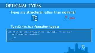 OPTIONAL TYPES 
Types are structural rather than nominal 
TypeScript has function types: 
var find: (elem: string, elems: string[]) => string = 
function(elem, elems) { 
.. 
} 
 