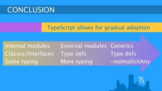 CONCLUSION 
TypeScript allows for gradual adoption 
Internal modules 
Classes/Interfaces 
Some typing 
External modules 
Type defs 
More typing 
Generics 
Type defs 
-noImplicitAny 
 
