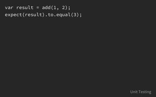 var result = add(1, 2);
expect(result).to.equal(3);
Unit Testing
 
