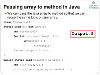 Passing array to method in Java
⚫ We can pass the java array to method so that we can
reuse the same logic on any array.
class Testarray2{
static void min(int arr[]){
int min=arr[0];
for(int i=1;i<arr.length;i++)
if(min>arr[i])
min=arr[i];
System.out.println(min);
}
public static void main(String args[]){
int a[]={33,3,4,5};
min(a);//passing array to method } }
Output:3
 