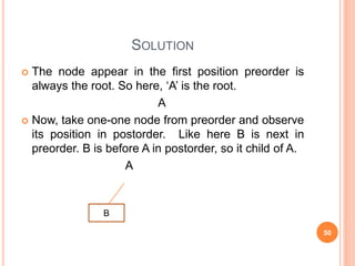 SOLUTION
 The node appear in the first position preorder is
always the root. So here, ‘A’ is the root.
A
 Now, take one-one node from preorder and observe
its position in postorder. Like here B is next in
preorder. B is before A in postorder, so it child of A.
A
B
50
 