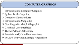 1. Introduction to Computer Graphics
2. Python Turtle Graphics
3. Computer Generated Art
4. Introduction to Matplotlib
5. Graphing with Matplotlib pyplot
6. Graphical User Interfaces
7. The wxPython GUI Library
8. Events in wxPython User Interfaces
9. PyDraw wxPython Example Application
COMPUTER GRAPHICS
 