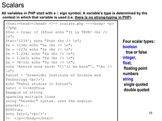 Scalars
All variables in PHP start with a $ sign symbol. A variable's type is determined by the
context in which that variable is used (i.e. there is no strong-typing in PHP).
<html><head></head> <!-- scalars.php --><body> <p>
<?php
$foo = true; if ($foo) echo "It is TRUE! <br />
n";
$txt='1234'; echo "$txt <br /> n";
$a = 1234; echo "$a <br /> n";
$a = -123; echo "$a <br /> n";
$a = 1.234; echo "$a <br /> n";
$a = 1.2e3; echo "$a <br /> n";
$a = 7E-10; echo "$a <br /> n";
echo 'Arnold once said: "I'll be back"', "<br />
n";
$snist = 'Sreenidhi Institute of Science and
Technology <br/>';
echo "Rahul studies in $snist";
$str1 = <<<EODTrue
Example of string
spanning multiple lines
using "heredoc" syntax. uses the angular
brackets...
EODTrue;
echo $str1,'<br/>';
?> </p></body></html>
Four scalar types:
boolean
true or false
integer,
float,
floating point
numbers
string
single quoted
double quoted
15
 