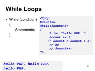 While Loops
• While (condition)
{
Statements;
}
<?php
$count=0;
While($count<3)
{
Print “hello PHP. ”;
$count += 1;
// $count = $count + 1;
// or
// $count++;
?>
hello PHP. hello PHP.
hello PHP.
25
 