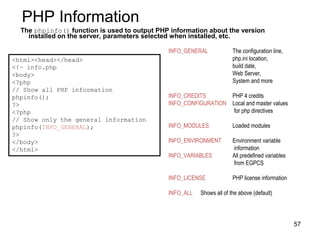 PHP Information
The phpinfo() function is used to output PHP information about the version
installed on the server, parameters selected when installed, etc.
<html><head></head>
<!– info.php
<body>
<?php
// Show all PHP information
phpinfo();
?>
<?php
// Show only the general information
phpinfo(INFO_GENERAL);
?>
</body>
</html>
INFO_GENERAL The configuration line,
php.ini location,
build date,
Web Server,
System and more
INFO_CREDITS PHP 4 credits
INFO_CONFIGURATION Local and master values
for php directives
INFO_MODULES Loaded modules
INFO_ENVIRONMENT Environment variable
information
INFO_VARIABLES All predefined variables
from EGPCS
INFO_LICENSE PHP license information
INFO_ALL Shows all of the above (default)
57
 