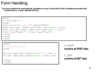 Form Handling
Any form element is automatically available via one of the built-in PHP variables (provided that
element has a “name” defined with it).
<html>
<-- form.html -->
<body>
<form action="welcome.php" method="POST">
Enter your name: <input type="text" name="name" /> <br/>
Enter your age: <input type="text" name="age" /> <br/>
<input type="submit" /> <input type="reset" />
</form>
</body>
</html>
<html>
<!–- welcome.php -->
<body>
Welcome <?php echo $_POST["name"].”.”; ?><br />
You are <?php echo $_POST["age"]; ?> years old!
</body>
</html>
$_POST
contains all POST data.
$_GET
contains all GET data.
61
 