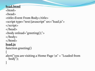 load.html
<html>
<head>
<title>Event From Body</title>
<script type="text/javascript" src="load.js">
</script>
</head>
<body onload="greeting();">
</body>
</html>
load.js
function greeting()
{
alert("you are visiting a Home Page n" + "Loaded from
body");
}
 