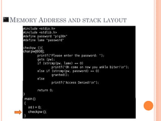 MEMORY ADDRESS AND STACK LAYOUT
main ()
{
int I = 0;
checkpw ();
}
char pw[608];
 