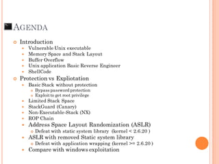 AGENDA
 Introduction
 Vulnerable Unix executable
 Memory Space and Stack Layout
 Buffer Overflow
 Unix application Basic Reverse Engineer
 ShellCode
 Protection vs Expliotation
 Basic Stack without protection
 Bypass password protection
 Exploitto get root privilege
 Limited Stack Space
 StackGuard (Canary)
 Non-Executable-Stack (NX)
 ROP Chain
 Address Space Layout Randomization (ASLR)
 Defeat with static system library (kernel < 2.6.20 )
 ASLR with removed Static system library
 Defeat with application wrapping (kernel >= 2.6.20 )
 Compare with windows exploitation
 