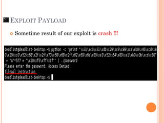 EXPLOIT PAYLOAD
 Sometime result of our exploit is crash !!!
 