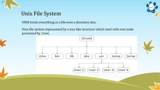 Unix File System
UNIX treats everything as a file even a directory also.
Unix file system represented by a tree like structure which start with root node
presented by /root.
 