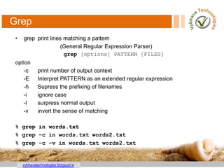 vybhavatechnologies.blogspot.in
Grep
• grep print lines matching a pattern
(General Regular Expression Parser)
grep [options] PATTERN [FILES]
option
-c print number of output context
-E Interpret PATTERN as an extended regular expression
-h Supress the prefixing of filenames
-i ignore case
-l surpress normal output
-v invert the sense of matching
% grep in words.txt
% grep –c in words.txt words2.txt
% grep –c –v in words.txt words2.txt
 