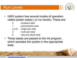 vybhavatechnologies.blogspot.in
Run Levels
• UNIX system has several modes of operation
called system states ( or run levels). These are:
0 : shutdown state
1 : administrative state
s or S : single user state
2 : multi-user state
6 : stop and reboot state
• These states are passed to the init program,
which operates the system in the appropriate
state.
 