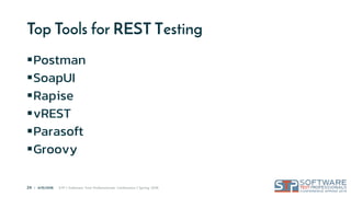 24 | 4/15/2018 STP | Software Test Professionals Conference | Spring 2018
Top Tools for REST Testing
Postman
SoapUI
Rapise
vREST
Parasoft
Groovy
 