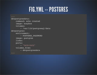 FIG.YML -- POSTGRES 
... 
devpostgresdata: 
command: echo created 
image: busybox 
volumes: 
- /var/lib/postgresql/data 
devpostgres: 
environment: 
- POSTGRES_PASSWORD 
image: postgres 
links: 
ports: 
- "5432:5432" 
volumes_from: 
- devpostgresdata 
... 
 