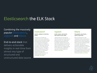 Elasticsearch the ELK Stack
!
Combining the massively
popular Elasticsearch,
Logstash and Kibana
!
End-to-end stack that
delivers actionable
insights in real-time from
almost any type of
structured and
unstructured data source
!
!
!
 