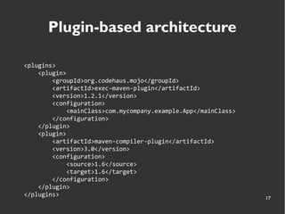 17
Plugin-based architecture
<plugins>
<plugin>
<groupId>org.codehaus.mojo</groupId>
<artifactId>exec-maven-plugin</artifactId>
<version>1.2.1</version>
<configuration>
<mainClass>com.mycompany.example.App</mainClass>
</configuration>
</plugin>
<plugin>
<artifactId>maven-compiler-plugin</artifactId>
<version>3.0</version>
<configuration>
<source>1.6</source>
<target>1.6</target>
</configuration>
</plugin>
</plugins>
 