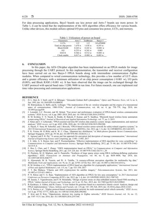  ISSN: 2088-8708
Int J Elec & Comp Eng, Vol. 12, No. 6, December 2022: 6114-6122
6120
For data processing applications, Bays3 boards use less power and Atrtx-7 boards use more power. In
Table 1, it can be noted that the implementation of the AES algorithm offers efficiency for various boards.
Unlike other devices, this module utilizes optimal I/O pins and consumes less power, LUTs, and memory.
Table 1. Utilization of power on board
Parameters Artx-7 ZedBoard Basys 3
LUTs 112 112 141of20800
Total on chip power 1.670 w 1.636 w 0.291 w
Block RAM 0.243 w 0.243 w <0.001 w
I/O 0.253 w 0.243 w 0.003
DATA 0.546 w 0.512 w <0.001 w
Clock enable 0.017 w <0.001 w 0.003 w
6. CONCLUSION
In this paper, the AES-128cipher algorithm has been implemented on an FPGA module for image
processing through the UART protocol. In this implementation, the transmitter and receiver configuration
have been carried out on two Basys-3 FPGA boards along with intermediate communication ZigBee
modules. When compared to wired communication technology, this provides a low number of LUT slices
and a greater efficiency with a minimum utilization of on chip power consumption (<0.001 w), I/O ports
(0.003), and Block RAM (<0.001 w). It has been observed that the image can be exchanged through the
UART protocol with special baud rates 11200, 9600 in run time. For future research, one can implement real
time video processing and communication applications.
REFERENCE
[1] D. L. Hutt, K. J. Snell, and P. A. Bélanger, “Alexander Graham Bell’s photophone,” Optics and Photonics News, vol. 4, no. 6,
Jun. 1993, doi: 10.1364/OPN.4.6.000020.
[2] M. Rikitianskaia, G. Balbi, and K. Lobinger, “The mediatization of the air: wireless telegraphy and the origins of a transnational
space of communication, 1900-1910s,” Journal of Communication, vol. 68, no. 4, pp. 758–779, Aug. 2018, doi:
10.1093/joc/jqy030.
[3] J. Lorandel, J.-C. Prevotet, and M. Helard, “Fast power and performance evaluation of FPGA-based wireless communication
systems,” IEEE Access, vol. 4, pp. 2005–2018, 2016, doi: 10.1109/ACCESS.2016.2559781.
[4] B. M. Krishna, V. N. Nayak, K. Reddy, B. Rakesh, P. Kumar, and N. Sandhya, “Bluetooth based wireless home automation
system using FPGA,” Journal of Theoretical and Applied Information Technology, vol. 77, no. 3, 2015.
[5] Z. Khan and J. J. Lehtomaki, “FPGA-assisted real-time RF wireless data analytics system: design, implementation, and statistical
analyses,” IEEE Access, vol. 8, pp. 4383–4396, 2020, doi: 10.1109/ACCESS.2019.2962200.
[6] A. Hayek, Y. Suna, M. Schreiber, and J. Borcsok, “FPGA-based wireless sensor network for safety-related cognitive systems,” in
2012 IX International Symposium on Telecommunications (BIHTEL), Oct. 2012, pp. 1–6, doi: 10.1109/BIHTEL.2012.6412071.
[7] P. K. Verma, M. El Rifai, and K. W. C. Chan, “Quantum key distribution,” in Multi-photon Quantum Secure Communication,
Springer Singapore, 2019, pp. 59–84, doi: 10.1007/978-981-10-8618-2_3.
[8] E. Agrawal and P. R. Pal, “A secure and fast approach for encryption and decryption of message communication,” International
Journal of Engineering Science and Computing, pp. 11481–11485, 2017
[9] J. E. John, A. S. Remya Ajai, and P. Poornachandran, “Effective implementation of DES algorithm for voice scrambling,” in
Communications in Computer and Information Science, Springer Berlin Heidelberg, 2012, pp. 75–84, doi: 10.1007/978-3-642-
34135-9_8.
[10] F. Ren, L. Chen, and T. Zhang, “3DES implementation based on FPGA,” in Communications in Computer and Information
Science, Springer Berlin Heidelberg, 2011, pp. 218–224, doi: 10.1007/978-3-642-24273-1_29.
[11] D. Pinchera, M. D. Migliore, and G. Panariello, “Synthesis of large sparse arrays using IDEA (inflating-deflating exploration
algorithm),” IEEE Transactions on Antennas and Propagation, vol. 66, no. 9, pp. 4658–4668, Sep. 2018, doi:
10.1109/TAP.2018.2846777.
[12] S. Aljawarneh, M. B. Yassein, and W. A. Talafha, “A resource-efficient encryption algorithm for multimedia big data,”
Multimedia Tools and Applications, vol. 76, no. 21, pp. 22703–22724, Nov. 2017, doi: 10.1007/s11042-016-4333-y.
[13] B. M. Krishna et al., “FPGA implementation of DNA based aes algorithm for cryptography applications,” International Journal
of Pure and Applied Mathematics, vol. 115, no. 7, pp. 525–530, 2017
[14] F. T. Bin Muhaya, “Chaotic and AES cryptosystem for satellite imagery,” Telecommunication Systems, Jun. 2011, doi:
10.1007/s11235-011-9462-z.
[15] P. N. Khose and V. G. Raut, “Implementation of AES algorithm on FPGA for low area consumption,” in 2015 International
Conference on Pervasive Computing (ICPC), Jan. 2015, pp. 1–4, doi: 10.1109/PERVASIVE.2015.7087102.
[16] M. Jasmin, T. Vigneshwaran, and S. B. Hemalatha, “Design of power aware on chip embedded memory based FSM encoding in
FPGA,” Indian Journal of Science and Technology, vol. 8, no. 32, Nov. 2015, doi: 10.17485/ijst/2015/v8i32/89043.
[17] B. Karakaya, A. Gülten, and M. Frasca, “A true random bit generator based on a memristive chaotic circuit: Analysis, design and
FPGA implementation,” Chaos, Solitons and Fractals, vol. 119, pp. 143–149, Feb. 2019, doi: 10.1016/j.chaos.2018.12.021.
[18] D. S. Pereira et al., “Zigbee protocol-based communication network for multi-unmanned aerial vehicle networks,” IEEE Access,
vol. 8, pp. 57762–57771, 2020, doi: 10.1109/ACCESS.2020.2982402.
[19] T. Kim and D. Kim, “Opportunistic shortcut tree routing in ZigBee networks,” IEEE Sensors Journal, vol. 16, no. 12,
pp. 5107–5115, Jun. 2016, doi: 10.1109/JSEN.2016.2557344.
 