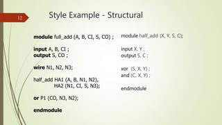 Style Example - Structural
module half_add (X, Y, S, C);
input X, Y ;
output S, C ;
xor (S, X, Y) ;
and (C, X, Y) ;
endmodule
12
module full_add (A, B, CI, S, CO) ;
input A, B, CI ;
output S, CO ;
wire N1, N2, N3;
half_add HA1 (A, B, N1, N2),
HA2 (N1, CI, S, N3);
or P1 (CO, N3, N2);
endmodule
 