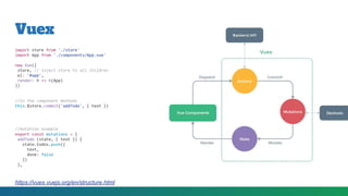 Vuex
import store from './store'
import App from './components/App.vue'
new Vue({
store, // inject store to all children
el: '#app',
render: h => h(App)
})
//in the component methods
this.$store.commit('addTodo', { text })
//mutation example
export const mutations = {
addTodo (state, { text }) {
state.todos.push({
text,
done: false
})
},
https://vuex.vuejs.org/en/structure.html
 