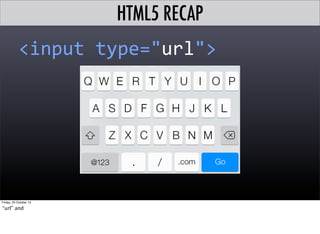 HTML5 RECAP
<input	
  type="url">

“url” and

 