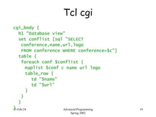 13-Feb-24 Advanced Programming
Spring 2002
19
Tcl cgi
cgi_body {
h1 "Database view"
set conflist [sql "SELECT
conference,name,url,logo
FROM conference WHERE conference=$c"]
table {
foreach conf $conflist {
maplist $conf c name url logo
table_row {
td "$name"
td "$url"
}
}
}
}
 