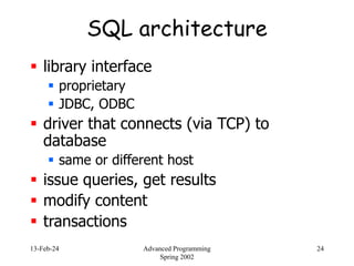 13-Feb-24 Advanced Programming
Spring 2002
24
SQL architecture
 library interface
 proprietary
 JDBC, ODBC
 driver that connects (via TCP) to
database
 same or different host
 issue queries, get results
 modify content
 transactions
 