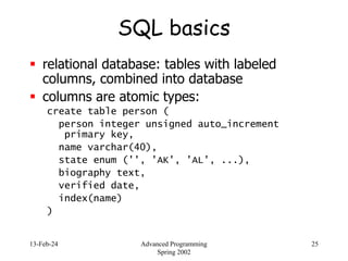 13-Feb-24 Advanced Programming
Spring 2002
25
SQL basics
 relational database: tables with labeled
columns, combined into database
 columns are atomic types:
create table person (
person integer unsigned auto_increment
primary key,
name varchar(40),
state enum ('', 'AK', 'AL', ...),
biography text,
verified date,
index(name)
)
 