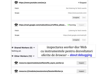 Dr.SabinBuragaprofs.info.uaic.ro/~busaco
inspectarea worker-ilor Web
cu instrumentele pentru dezvoltatori
oferite de browser – about:debugging
 