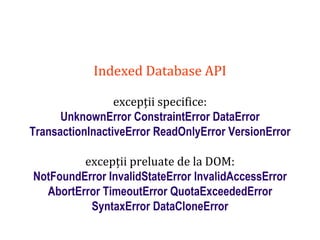 Dr.SabinBuragaprofs.info.uaic.ro/~busaco
Indexed Database API
excepții specifice:
UnknownError ConstraintError DataError
TransactionInactiveError ReadOnlyError VersionError
excepții preluate de la DOM:
NotFoundError InvalidStateError InvalidAccessError
AbortError TimeoutError QuotaExceededError
SyntaxError DataCloneError
 