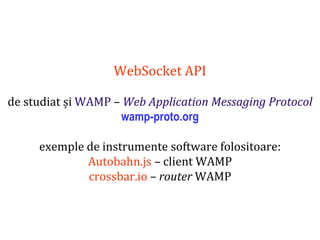 Dr.SabinBuragaprofs.info.uaic.ro/~busaco
WebSocket API
de studiat și WAMP – Web Application Messaging Protocol
wamp-proto.org
exemple de instrumente software folositoare:
Autobahn.js – client WAMP
crossbar.io – router WAMP
 