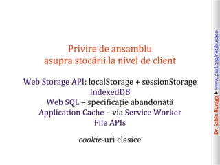 Dr.SabinBuragawww.purl.org/net/busaco
Privire de ansamblu
asupra stocării la nivel de client
Web Storage API: localStorage + sessionStorage
IndexedDB
Web SQL – specificație abandonată
Application Cache – via Service Worker
File APIs
cookie-uri clasice
 