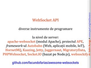 Dr.SabinBuragawww.purl.org/net/busaco
WebSocket API
diverse instrumente de programare
la nivel de server:
apache-websocket (modul Apache), proiectul APE,
framework-ul Autobahn (Web, aplicații mobile, IoT),
HornetMQ, Kaazing, Jetty, Juggernaut, MigratoryData,
PHPWebsocket, Socket.IO (bazat pe Node.js), websockify
github.com/facundofarias/awesome-websockets
 