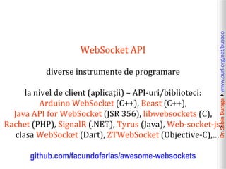Dr.SabinBuragawww.purl.org/net/busaco
WebSocket API
diverse instrumente de programare
la nivel de client (aplicații) – API-uri/biblioteci:
Arduino WebSocket (C++), Beast (C++),
Java API for WebSocket (JSR 356), libwebsockets (C),
Rachet (PHP), SignalR (.NET), Tyrus (Java), Web-socket-js,
clasa WebSocket (Dart), ZTWebSocket (Objective-C),…
github.com/facundofarias/awesome-websockets
 