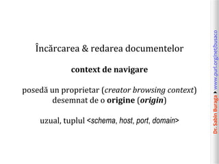 Dr.SabinBuragawww.purl.org/net/busaco
Încărcarea & redarea documentelor
context de navigare
posedă un proprietar (creator browsing context)
desemnat de o origine (origin)
uzual, tuplul <schema, host, port, domain>
 