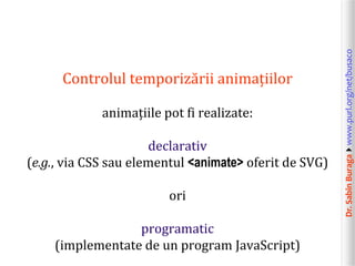 Dr.SabinBuragawww.purl.org/net/busaco
Controlul temporizării animațiilor
animațiile pot fi realizate:
declarativ
(e.g., via CSS sau elementul <animate> oferit de SVG)
ori
programatic
(implementate de un program JavaScript)
 