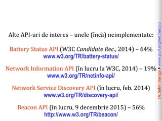 Dr.SabinBuragawww.purl.org/net/busaco
Alte API-uri de interes – unele (încă) neimplementate:
Battery Status API (W3C Candidate Rec., 2014) – 64%
www.w3.org/TR/battery-status/
Network Information API (în lucru la W3C, 2014) – 19%
www.w3.org/TR/netinfo-api/
Network Service Discovery API (în lucru, feb. 2014)
www.w3.org/TR/discovery-api/
Beacon API (în lucru, 9 decembrie 2015) – 56%
http://www.w3.org/TR/beacon/
 