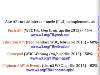 Dr.SabinBuragawww.purl.org/net/busaco
Alte API-uri de interes – unele (încă) neimplementate:
Push API (W3C Working Draft, aprilie 2015) – 45%
www.w3.org/TR/push-api/
Vibration API (recomandare W3C, februarie 2015) – 68%
www.w3.org/TR/vibration/
Gamepad (W3C Working Draft, aprilie 2015) – 58%
www.w3.org/TR/gamepad/
Clipboard API & Events (ciornă W3C, aprilie 2015) – 82%
www.w3.org/TR/clipboard-apis/
 