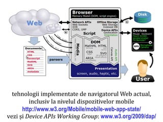 Dr.SabinBuragawww.purl.org/net/busaco
tehnologii implementate de navigatorul Web actual,
inclusiv la nivelul dispozitivelor mobile
http://www.w3.org/Mobile/mobile-web-app-state/
vezi și Device APIs Working Group: www.w3.org/2009/dap/
 